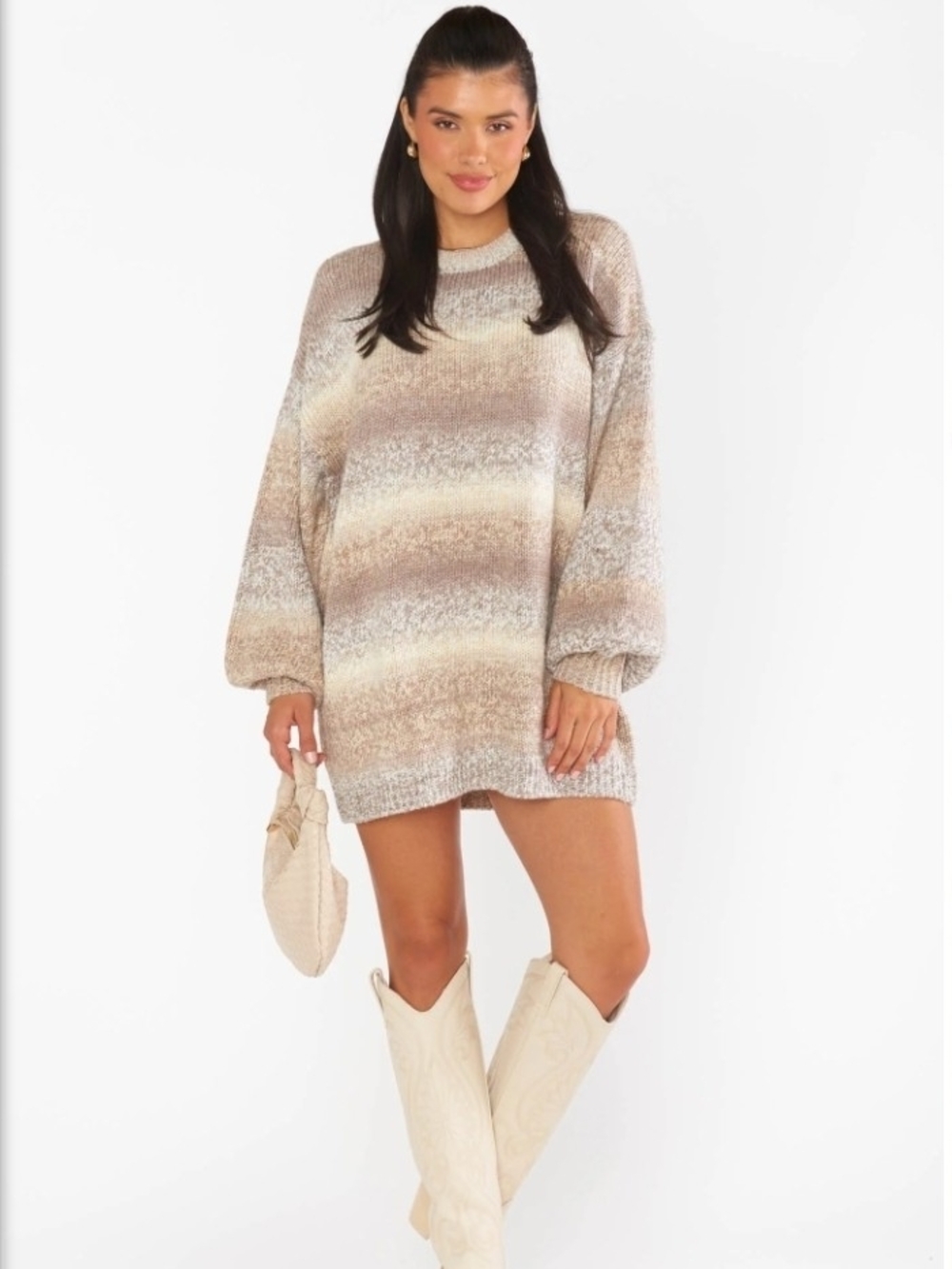 Timothy Tunic Striped Ombre Crewneck Sweater Dress - Beige Taupe Cream